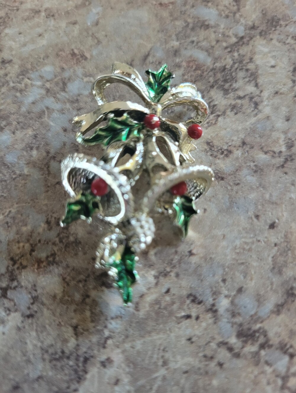 Gwrrys Gold/Silver Tone Holiday Bell Brooch with Green and Red Enamel